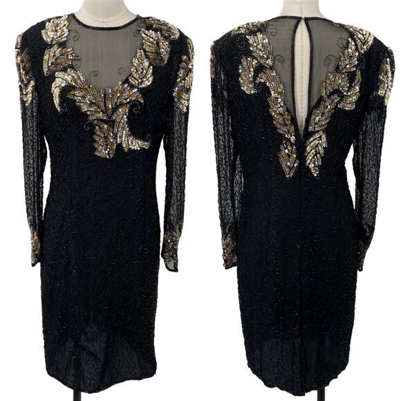 Vintage 80s Scala Silk Sequined Beaded Cocktail Dress Black Gold Silver Size 10 - Picture 1 of 10